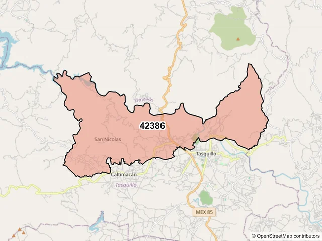 Mapa del código postal 42386, Tasquillo, Hidalgo