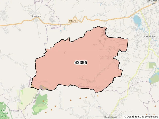 Mapa del código postal 42395, Alfajayucan, Hidalgo