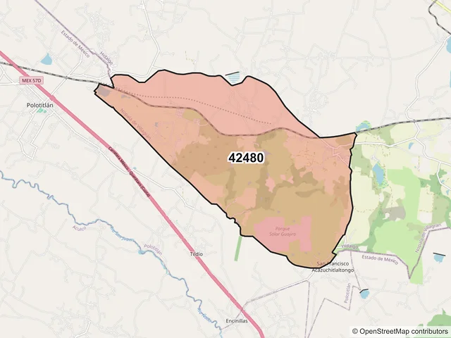 Mapa del código postal 42480, Nopala de Villagrán, Hidalgo