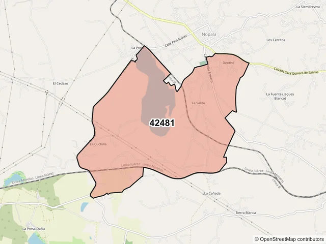 Mapa del código postal 42481, Nopala de Villagrán, Hidalgo