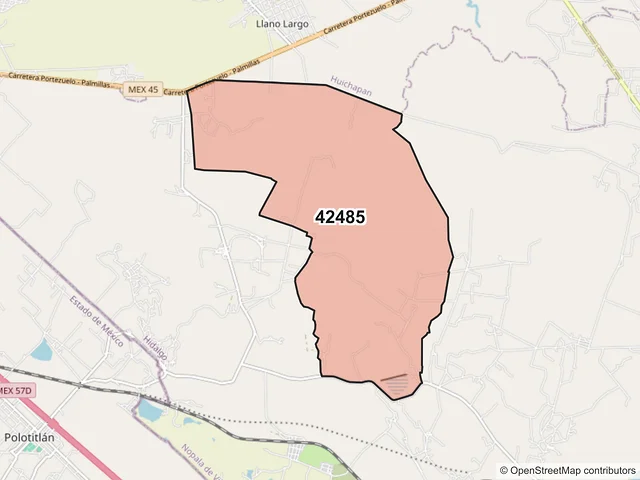 Mapa del código postal 42485, Nopala de Villagrán, Hidalgo