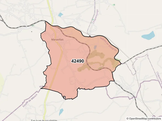Mapa del código postal 42490, Nopala de Villagrán, Hidalgo