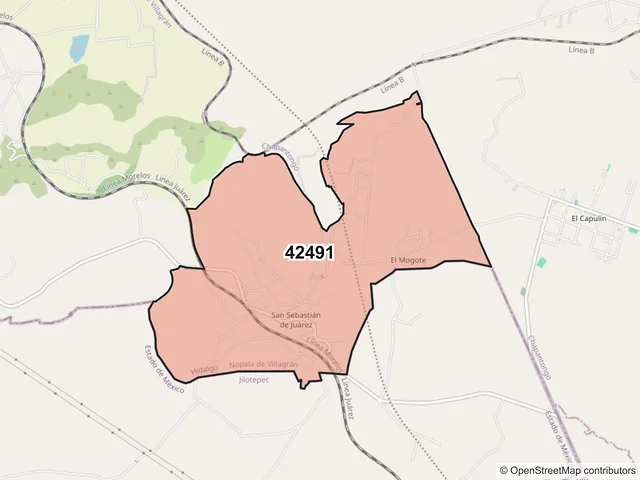 Mapa del código postal 42491, Nopala de Villagrán, Hidalgo