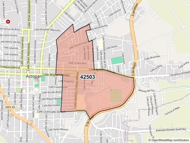 Mapa del código postal 42503, Actopan, Hidalgo