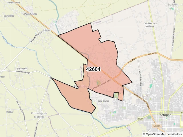 Mapa del código postal 42604, Actopan, Hidalgo