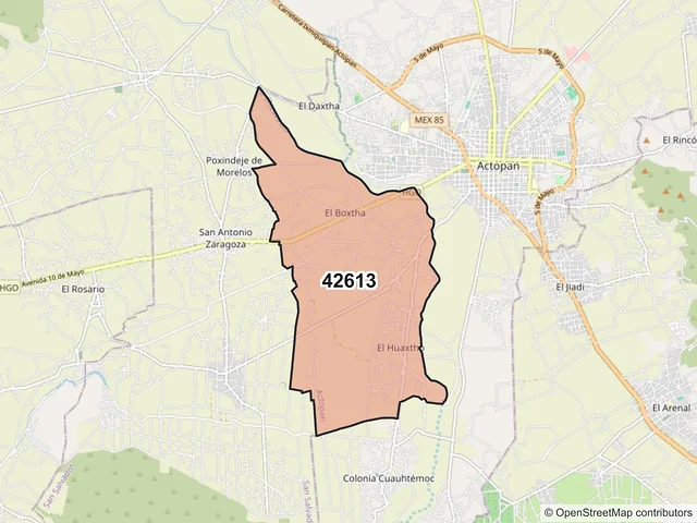 Mapa del código postal 42613, Actopan, Hidalgo