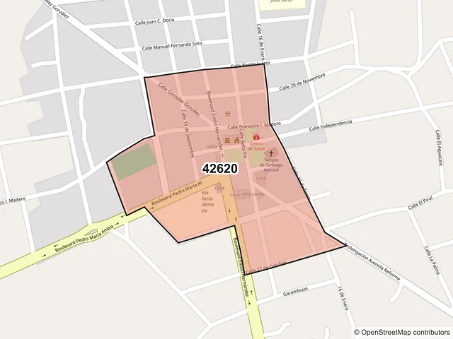 Mapa del código postal 42620, Santiago de Anaya, Hidalgo