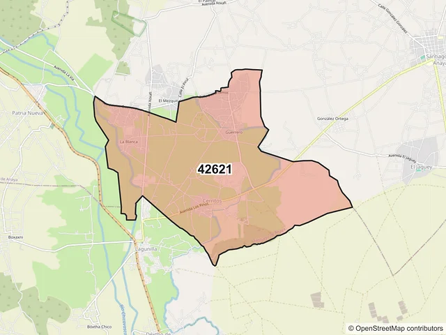 Mapa del código postal 42621, Santiago de Anaya, Hidalgo
