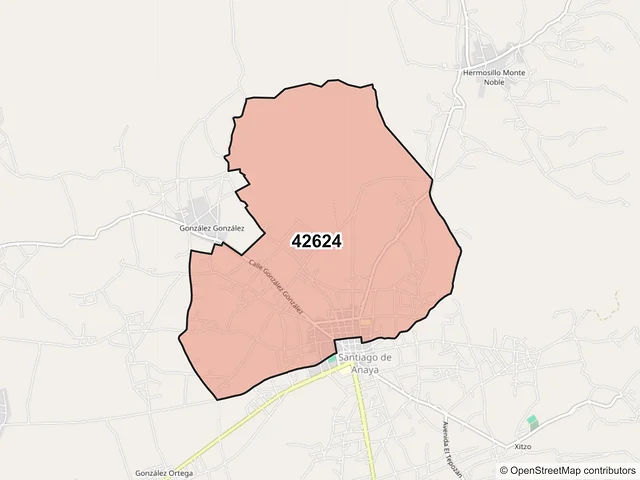 Mapa del código postal 42624, Santiago de Anaya, Hidalgo