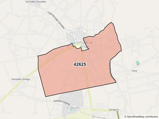Mapa del código postal 42625, Santiago de Anaya, Hidalgo