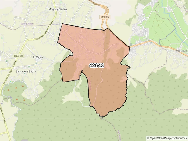 Mapa del código postal 42643, San Salvador, Hidalgo