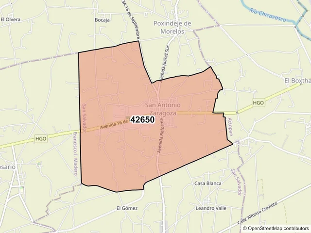 Mapa del código postal 42650, San Salvador, Hidalgo