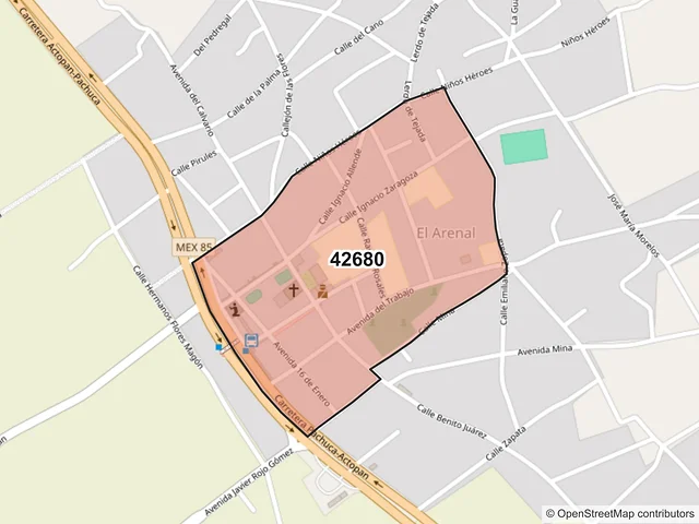 Mapa del código postal 42680, El Arenal, Hidalgo