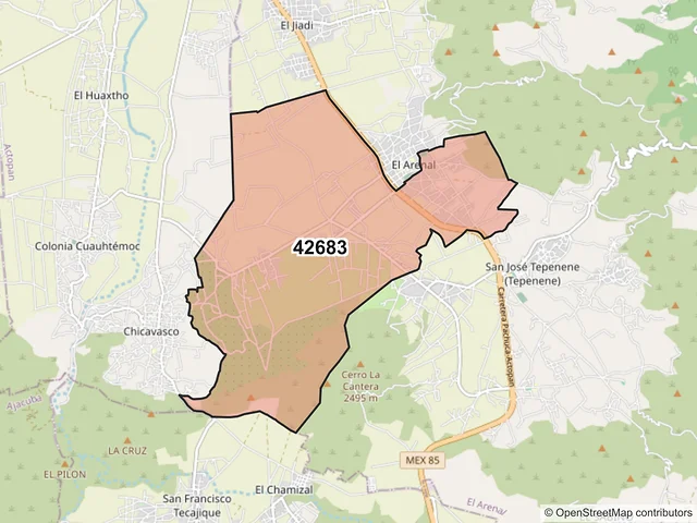 Mapa del código postal 42683, El Arenal, Hidalgo