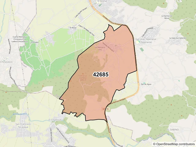 Mapa del código postal 42685, El Arenal, Hidalgo