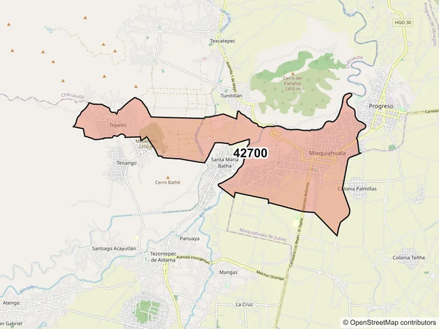 Mapa del código postal 42700, Mixquiahuala de Juárez, Hidalgo