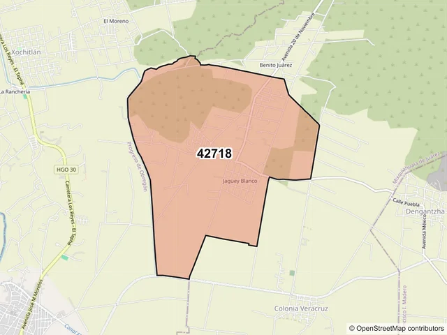 Mapa del código postal 42718, Mixquiahuala de Juárez, Hidalgo