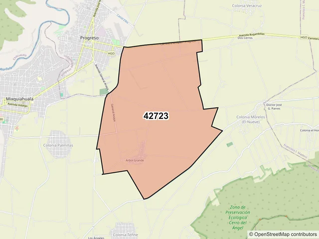 Mapa del código postal 42723, Mixquiahuala de Juárez, Hidalgo