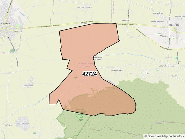 Mapa del código postal 42724, Mixquiahuala de Juárez, Hidalgo