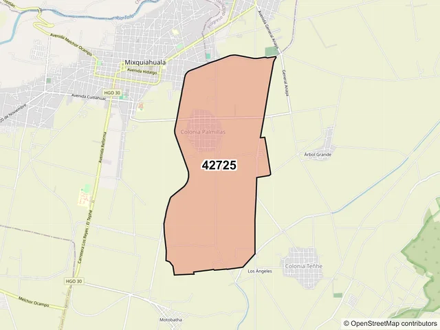 Mapa del código postal 42725, Mixquiahuala de Juárez, Hidalgo