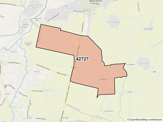 Mapa del código postal 42727, Mixquiahuala de Juárez, Hidalgo