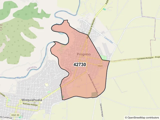 Mapa del código postal 42730, Progreso de Obregón, Hidalgo