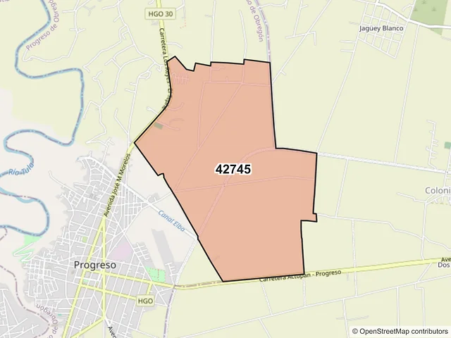 Mapa del código postal 42745, Progreso de Obregón, Hidalgo