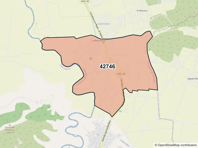 Mapa del código postal 42746, Progreso de Obregón, Hidalgo