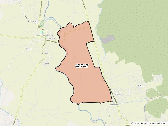 Mapa del código postal 42747, Progreso de Obregón, Hidalgo