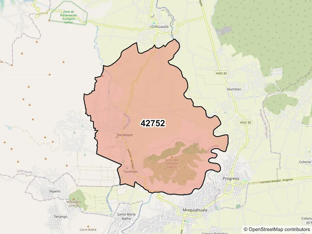 Mapa del código postal 42752, Chilcuautla, Hidalgo