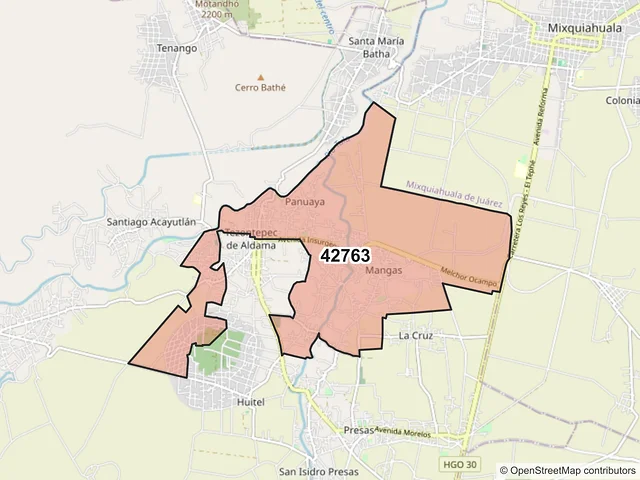 Mapa del código postal 42763, Tezontepec de Aldama, Hidalgo