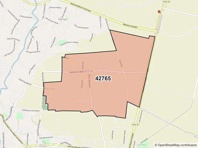 Mapa del código postal 42765, Tezontepec de Aldama, Hidalgo