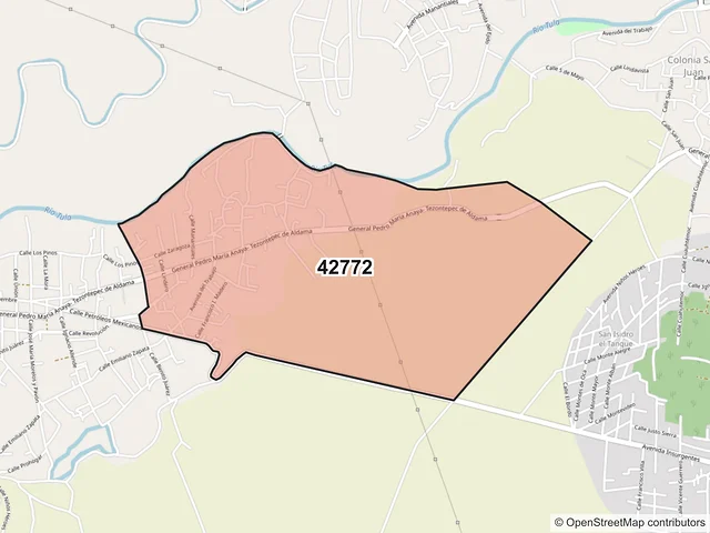 Mapa del código postal 42772, Tezontepec de Aldama, Hidalgo