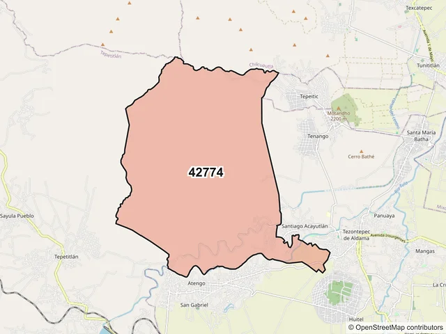 Mapa del código postal 42774, Tezontepec de Aldama, Hidalgo