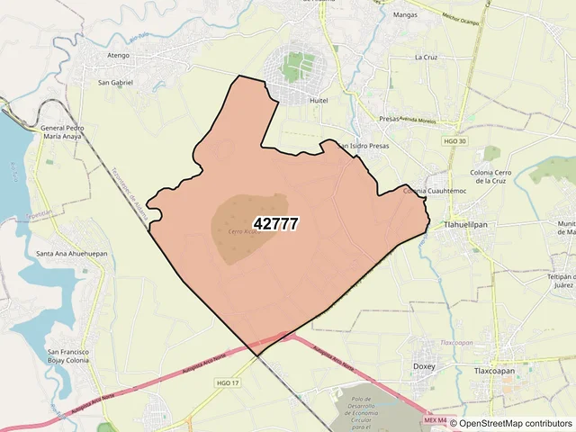 Mapa del código postal 42777, Tezontepec de Aldama, Hidalgo