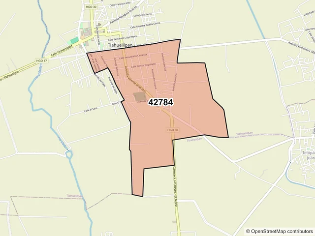 Mapa del código postal 42784, Tlahuelilpan, Hidalgo