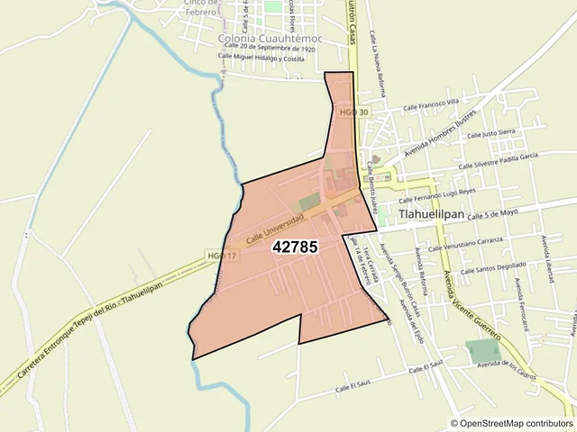 Mapa del código postal 42785, Tlahuelilpan, Hidalgo