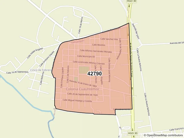 Mapa del código postal 42790, Tlahuelilpan, Hidalgo