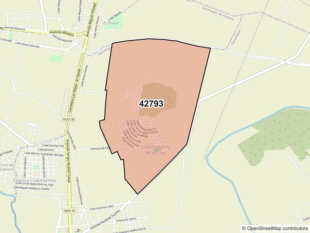 Mapa del código postal 42793, Tlahuelilpan, Hidalgo
