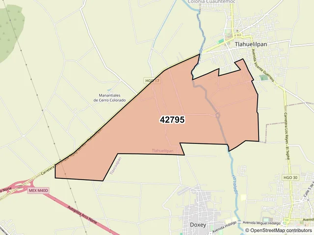 Mapa del código postal 42795, Tlahuelilpan, Hidalgo