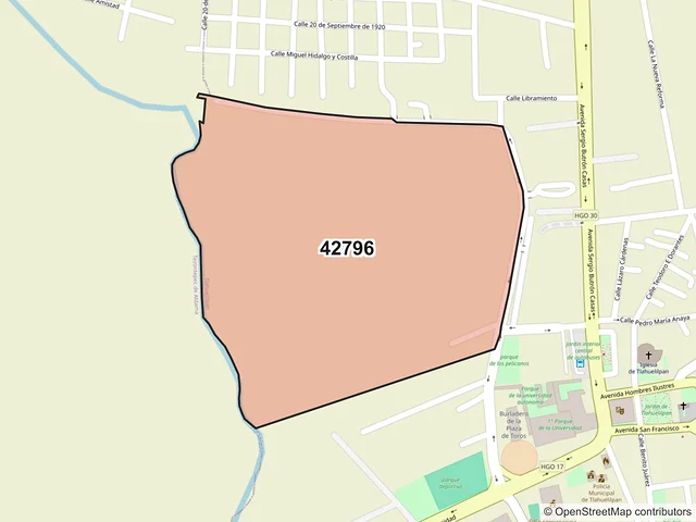 Mapa del código postal 42796, Tlahuelilpan, Hidalgo