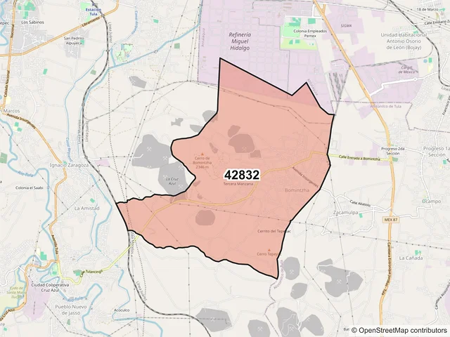 Mapa del código postal 42832, Tula de Allende, Hidalgo