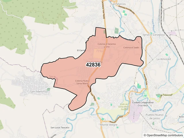 Mapa del código postal 42836, Tula de Allende, Hidalgo