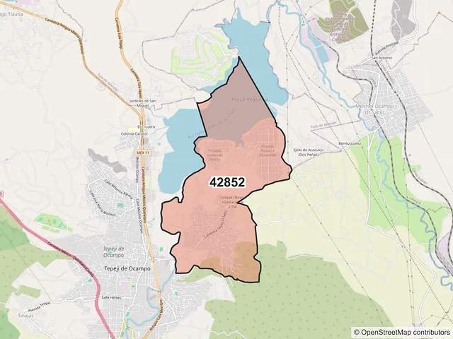 Mapa del código postal 42852, Tepeji del Río de Ocampo, Hidalgo