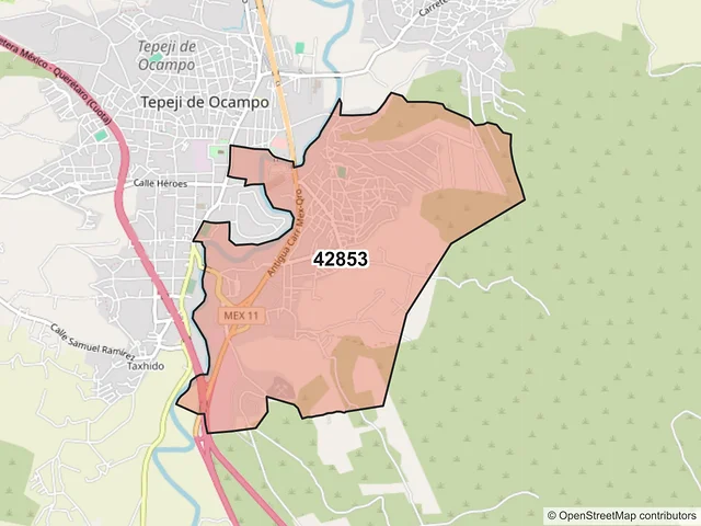 Mapa del código postal 42853, Tepeji del Río de Ocampo, Hidalgo