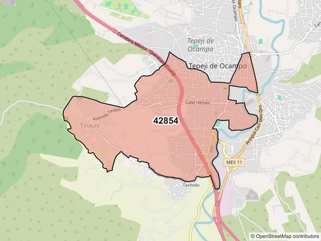 Mapa del código postal 42854, Tepeji del Río de Ocampo, Hidalgo