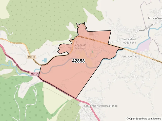 Mapa del código postal 42858, Tepeji del Río de Ocampo, Hidalgo