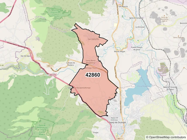 Mapa del código postal 42860, Tepeji del Río de Ocampo, Hidalgo