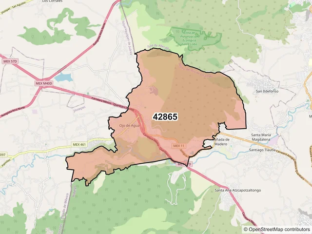 Mapa del código postal 42865, Tepeji del Río de Ocampo, Hidalgo