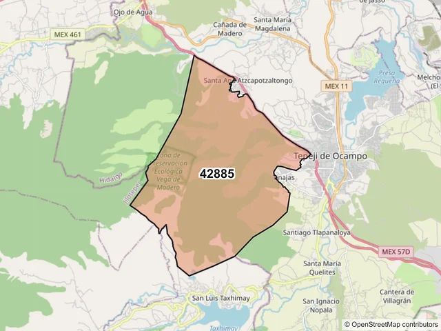 Mapa del código postal 42885, Tepeji del Río de Ocampo, Hidalgo